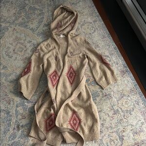 Hooded Knit Cardigan - Beige and Red